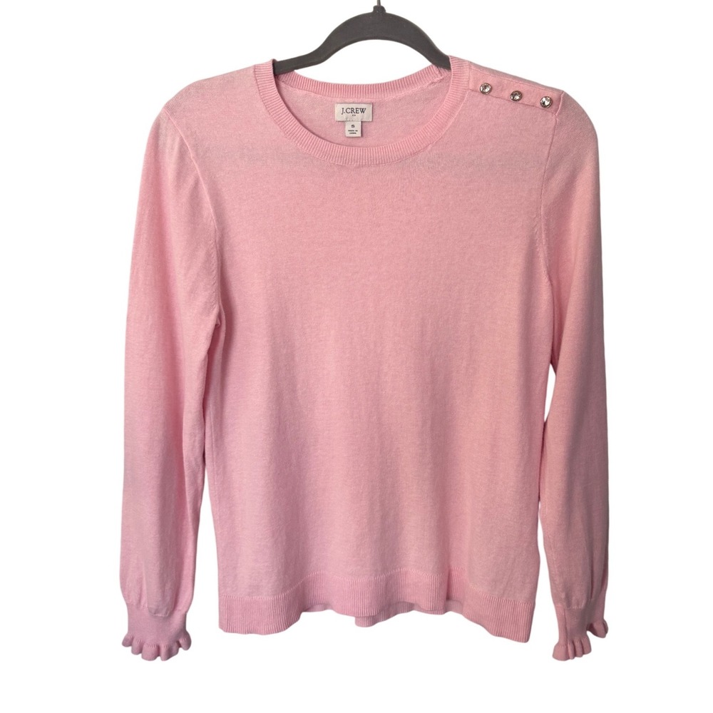 J.Crew Pink Cotton Ruffle Cuff Sweater with Rhinestone Shoulder Buttons Small